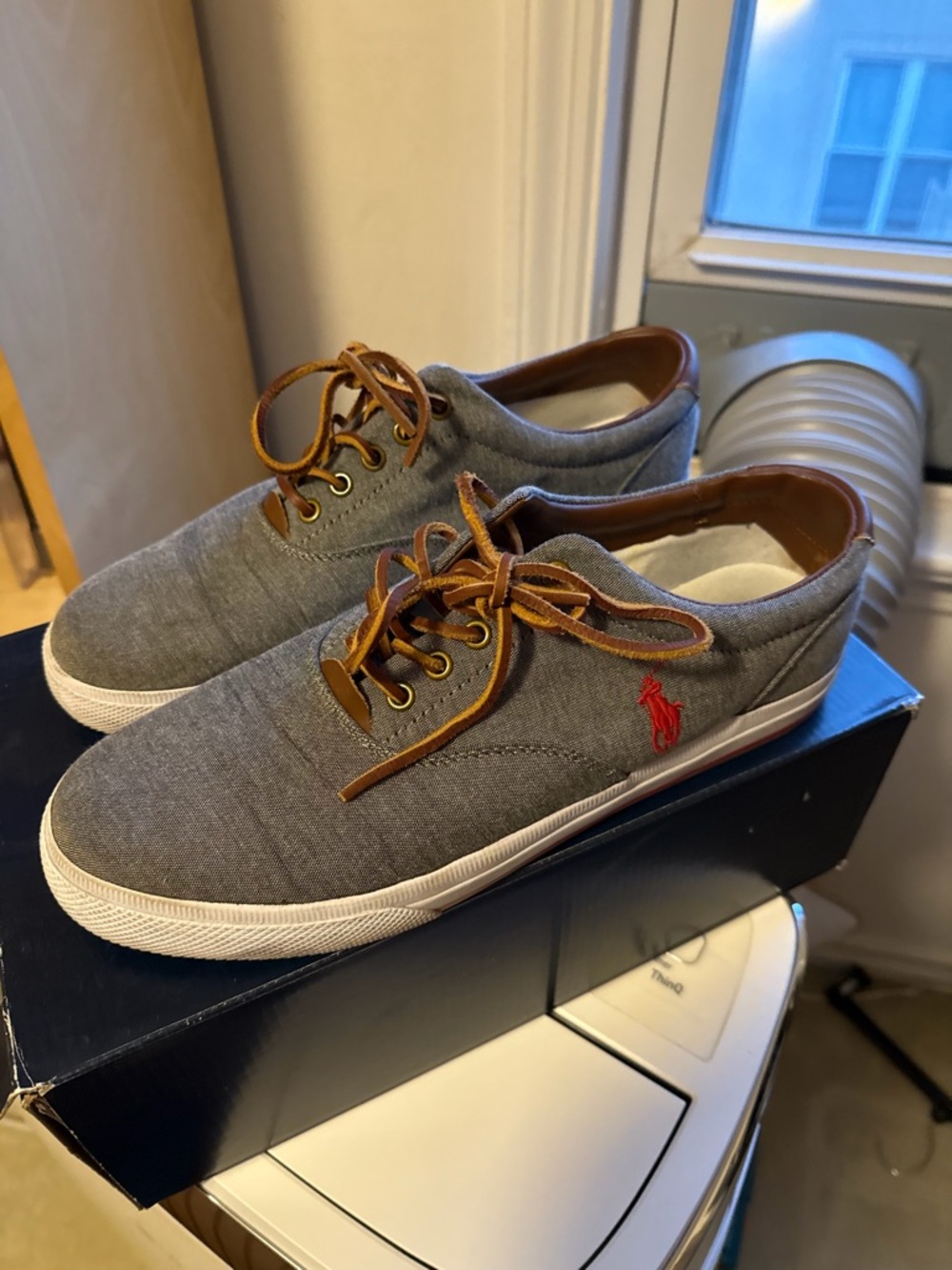 Ralph Lauren Gray Canvas Sneakers with Brown Trim and Red Polo Logo